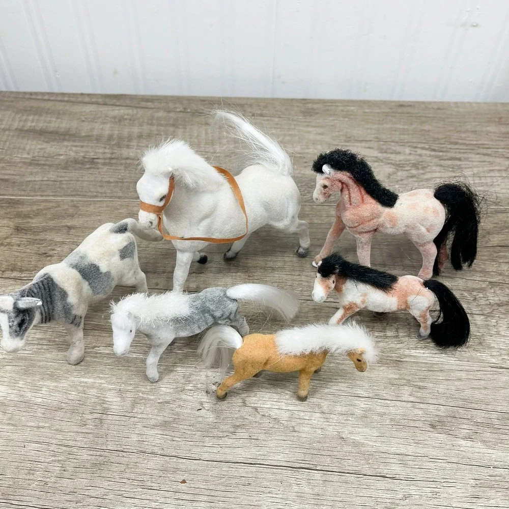 Vintage Flocked Horse and Cow Figurines Lot of 6 Fuzzy Farm Animals Toy Set